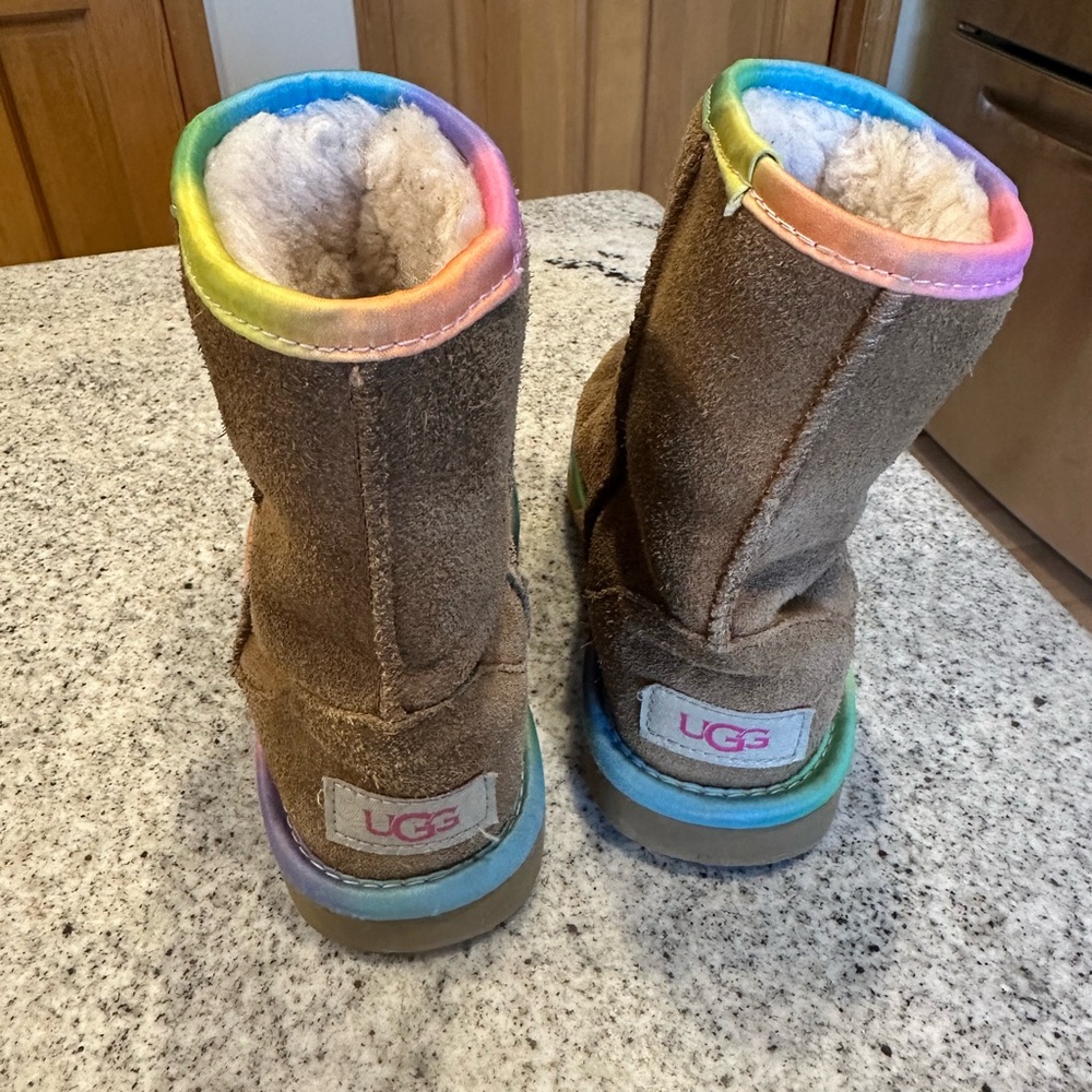 UGG Tan Boots with Rainbow Trim Size 13